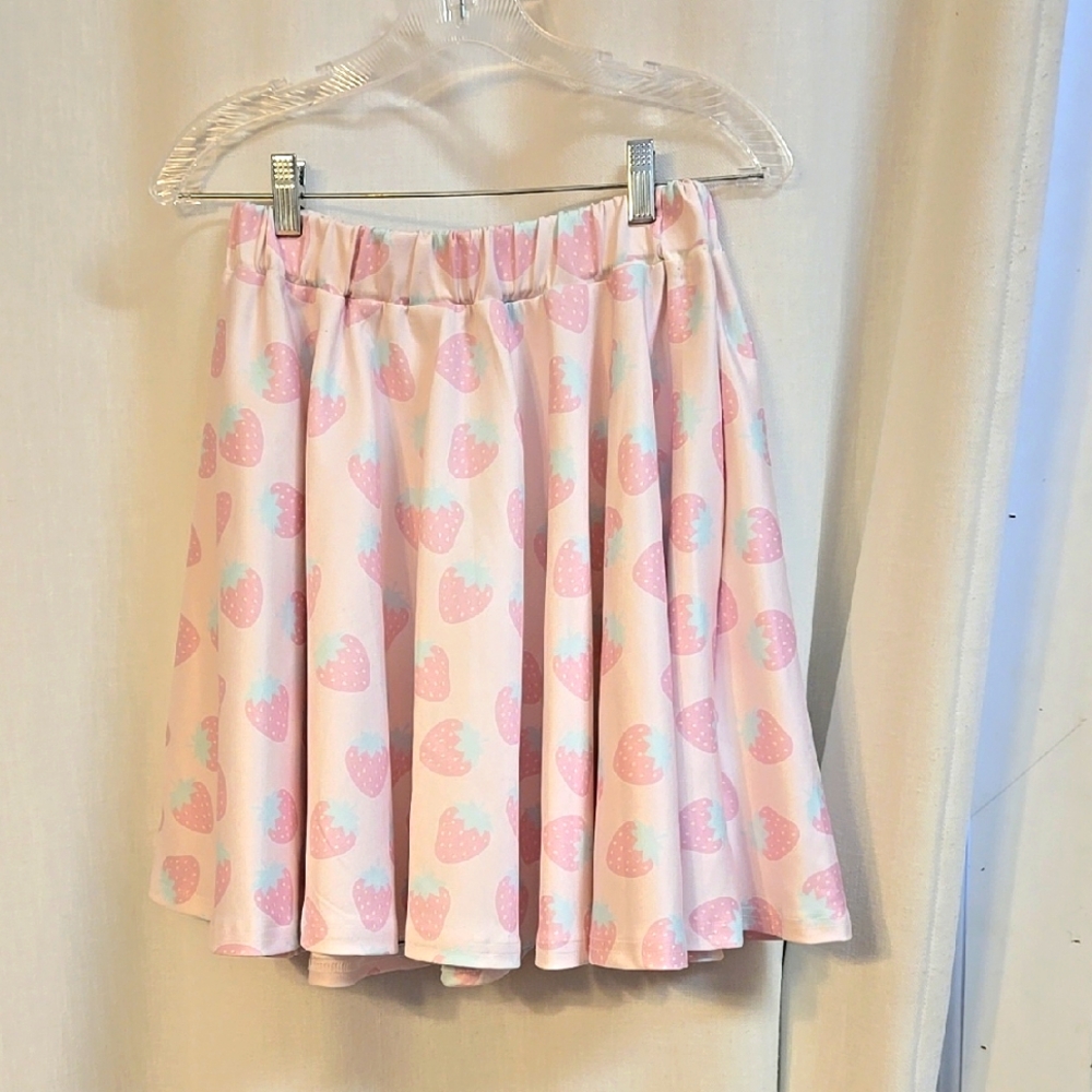 In Control Strawberry Print Flared Skirt, Pink